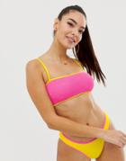 Asos Design Color Block Square Neck Crinkle Crop Bikini Top In Yellow - Yellow