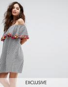 Reclaimed Vintage Inspired Off Shoulder Dress In Gingham With Pom Pom Trim - Multi