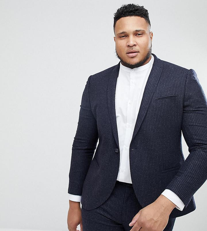 Noak Plus Skinny Suit Jacket In Grid Check - Navy