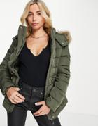 New Look Padded Coat With Faux Fur Trim In Khaki-green