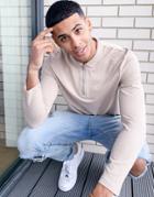 New Look Long Sleeve Polo In Pique With Half Zip In Stone-neutral