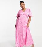 Twisted Wunder Plus Flutter Sleeve Maxi Dress In Happy Heart Print-pink