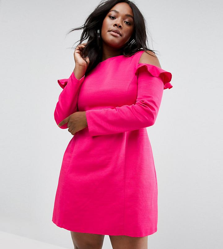 Asos Curve Cold Shoulder Structured Mini Dress With Ruffle - Pink
