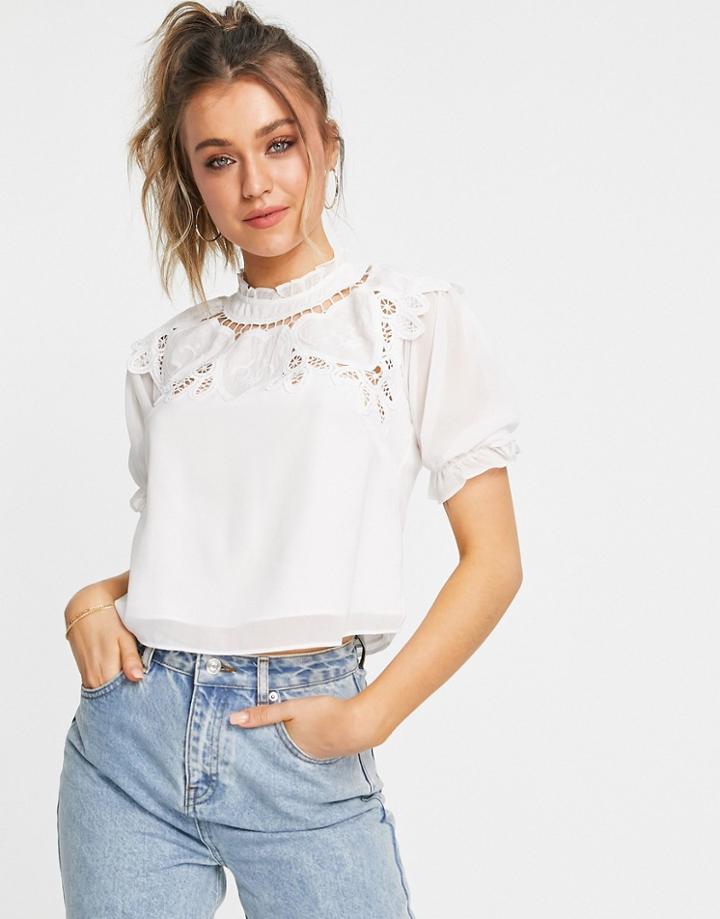 Hope & Ivy Oversized Collar Blouse With Broderie In Ivory-white
