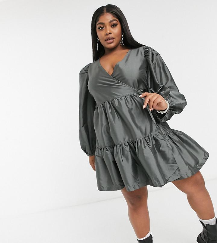 Collusion Plus Exclusive Taffeta Wrap Mini Dress In Gray-green