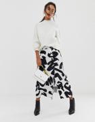 Asos Design Mono Abstract Print Midi Skirt With Side Button Front - Multi