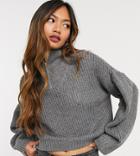 Native Youth Relaxed Crop Knitted Sweater With Half Zip High Neck-grey