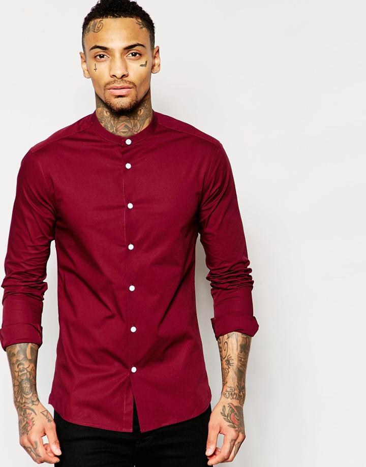 Asos Skinny Shirt In Burgundy With Grandad Collar - Burgundy