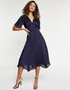 Chi Chi London Button Detail Flutter Sleeve Midi Skater Dress In Navy