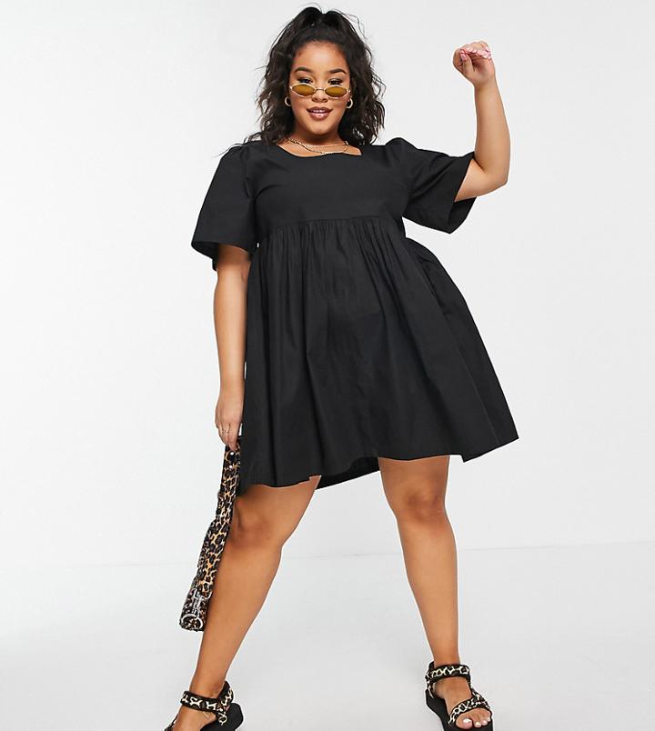 Collusion Plus Exclusive Round Neck Mini Smock Dress In Black