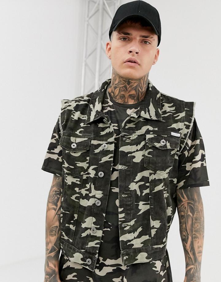 Liquor N Poker Sleeveless Denim Jacket In Camo - Green