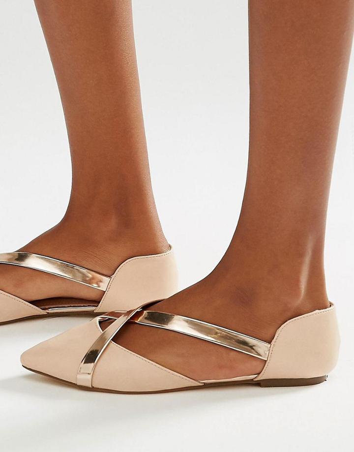 Lost Ink Beau Nude Metallic Cross Strap Flat Shoes - Nude