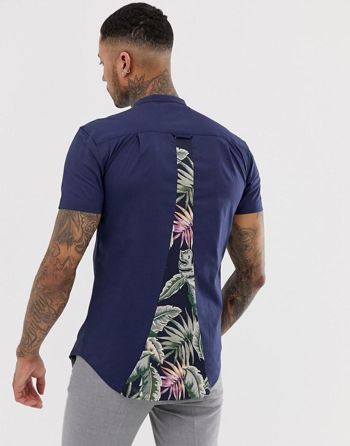 Siksilk Short Sleeve Shirt In Navy With Grandad Collar - Navy