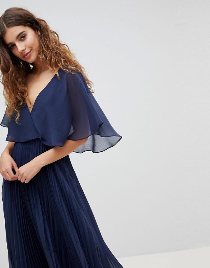Asos Design Midi Dress With Pleat Skirt And Flutter Sleeve-green