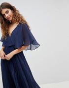 Asos Design Midi Dress With Pleat Skirt And Flutter Sleeve-green
