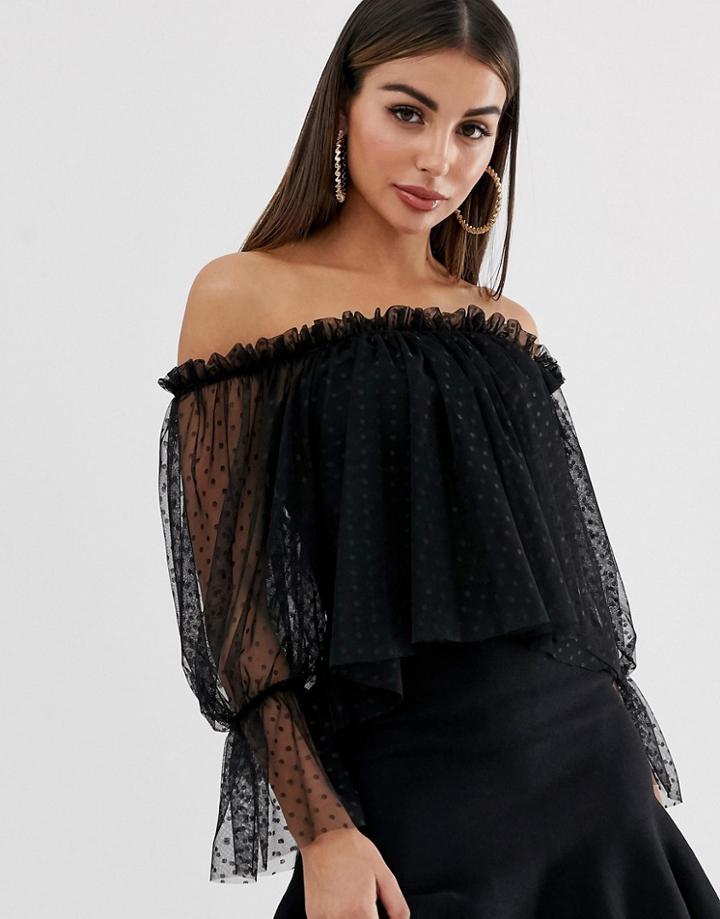 John Zack Off Shoulder Dotty Tulle Mesh Swing Top With Bell Sleeve In Black - Black