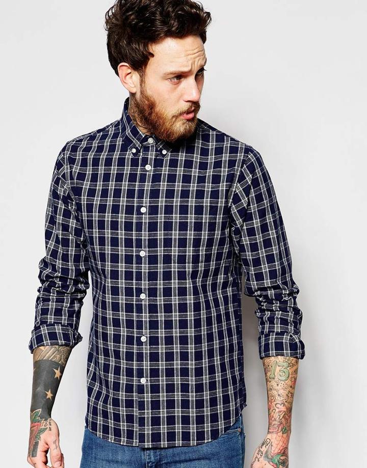 Edwin Slim Fit Shirt Standard Buttondown Indigo Check - Ingigo Check
