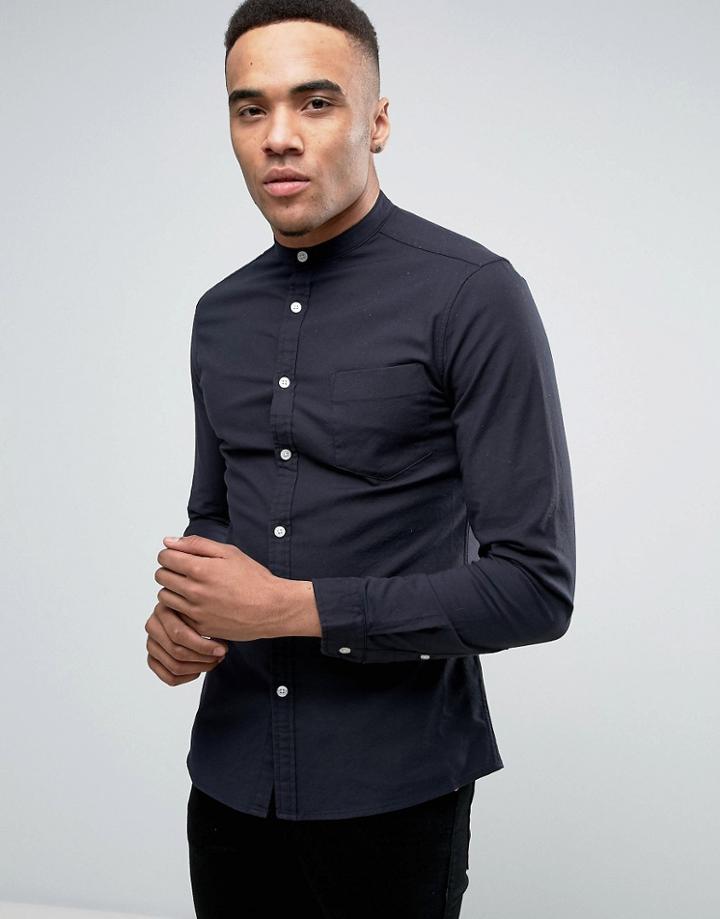Asos Super Skinny Oxford Shirt With Grandad Collar In Navy - Navy