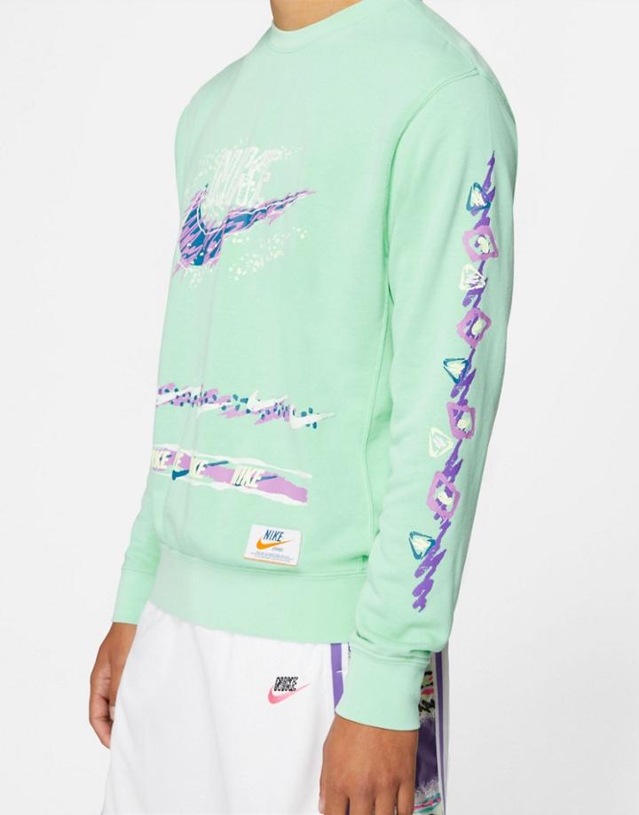 Nike Stories Pack Retro Graphic Acid Wash Crew Neck Sweatshirt In Green