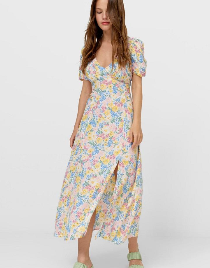 Stradivarius Midi Dress With Split Detail In Pastel Floral Print-multi