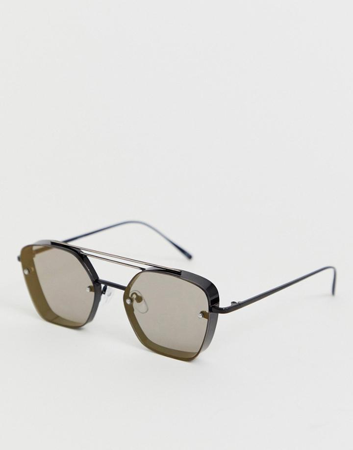 Asos Design Navigator Sunglasses With Full Capping In Shiny Black With Green Lenses - Black