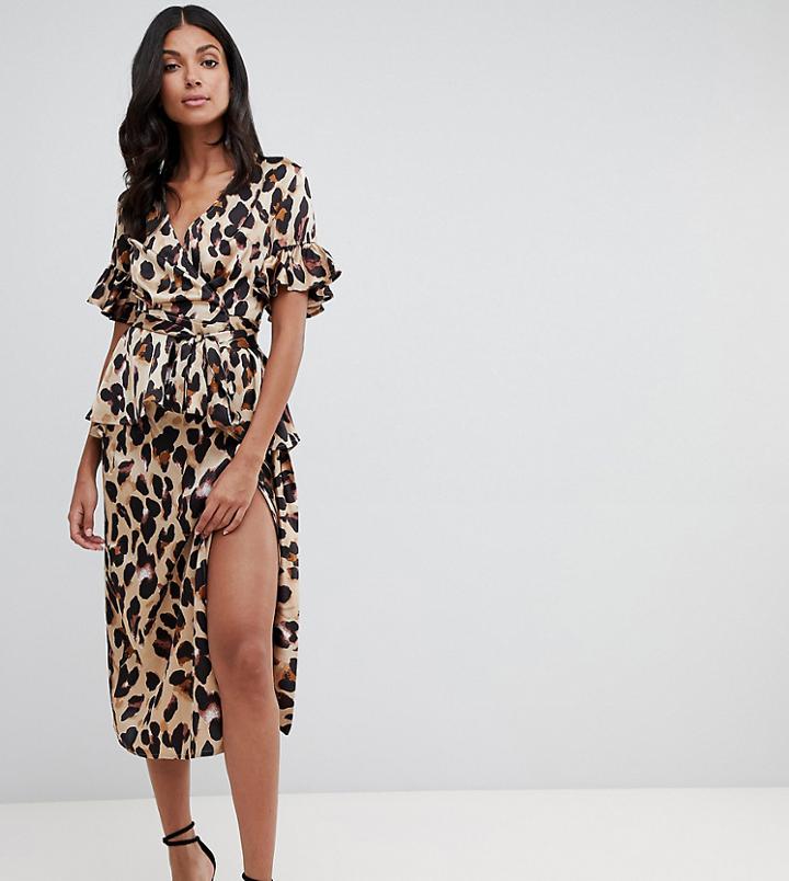 John Zack Tall Wrap Front Midi Skirt In Leopard Print - Multi