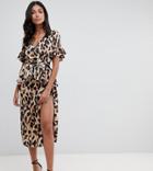 John Zack Tall Wrap Front Midi Skirt In Leopard Print - Multi