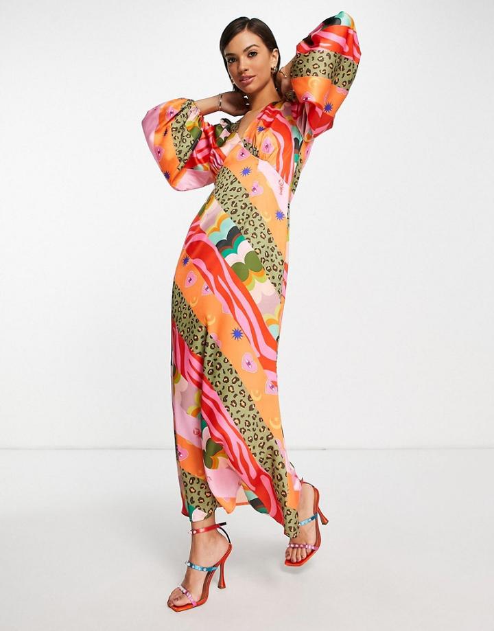 Never Fully Dressed Volume Sleeve Panel Midi Dress In Contrast Prints-multi