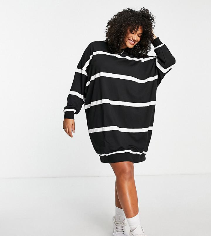 Asos Design Curve Mini Sweatshirt Hoodie Dress In Black And White Stripe