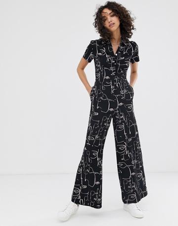 Finery Alida Abstract Faces Print Jumpsuit - Black