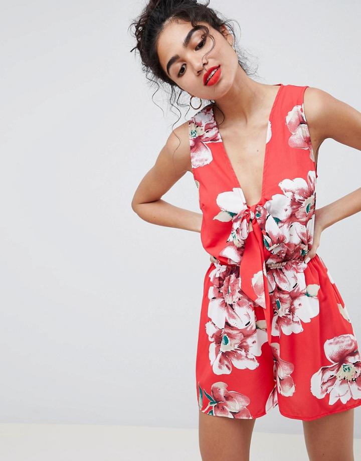 Parisian Floral Romper With Ruffle Shoulder And Bow Tie - Red