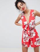 Parisian Floral Romper With Ruffle Shoulder And Bow Tie - Red