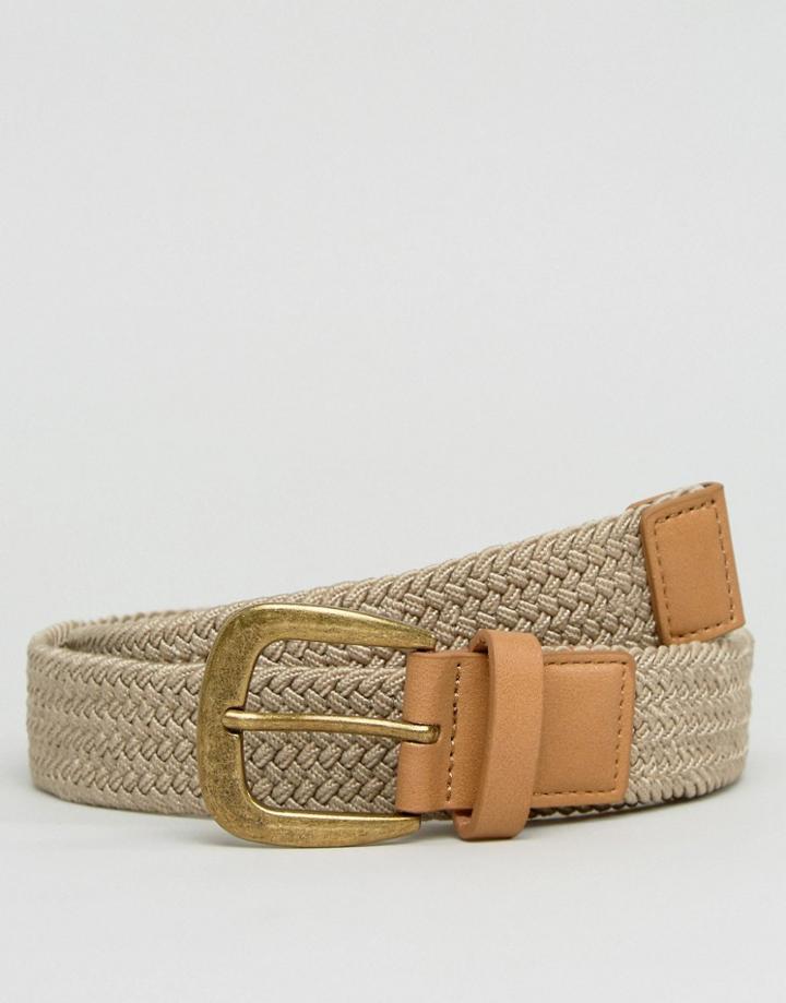 Asos Slim Woven Belt In Beige - White