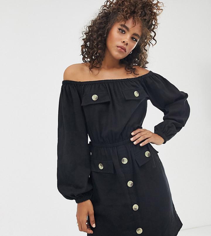 Asos Design Tall Off Shoulder Utility Mini Dress With Pocket Detail - Black