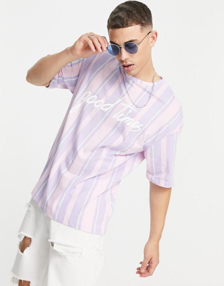 Jack & Jones Originals Oversized T-shirt With Good Times Print In Pastel Stripe-multi