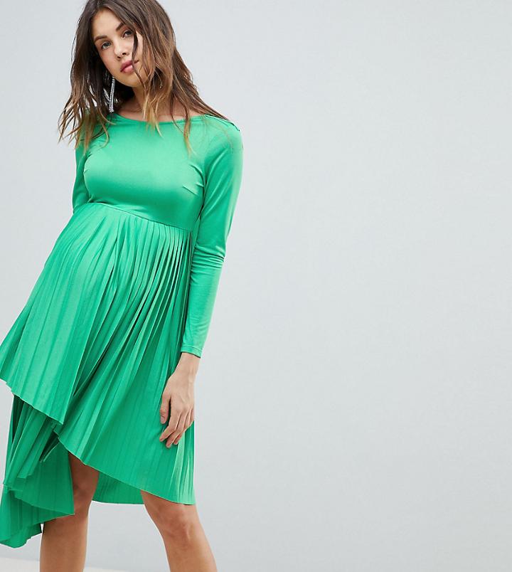 Asos Design Maternity Pleated Long Sleeve Midi Dress - Green
