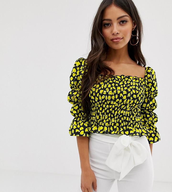 John Zack Petite Shirred Square Neck Crop Top In Yellow Splodge Print