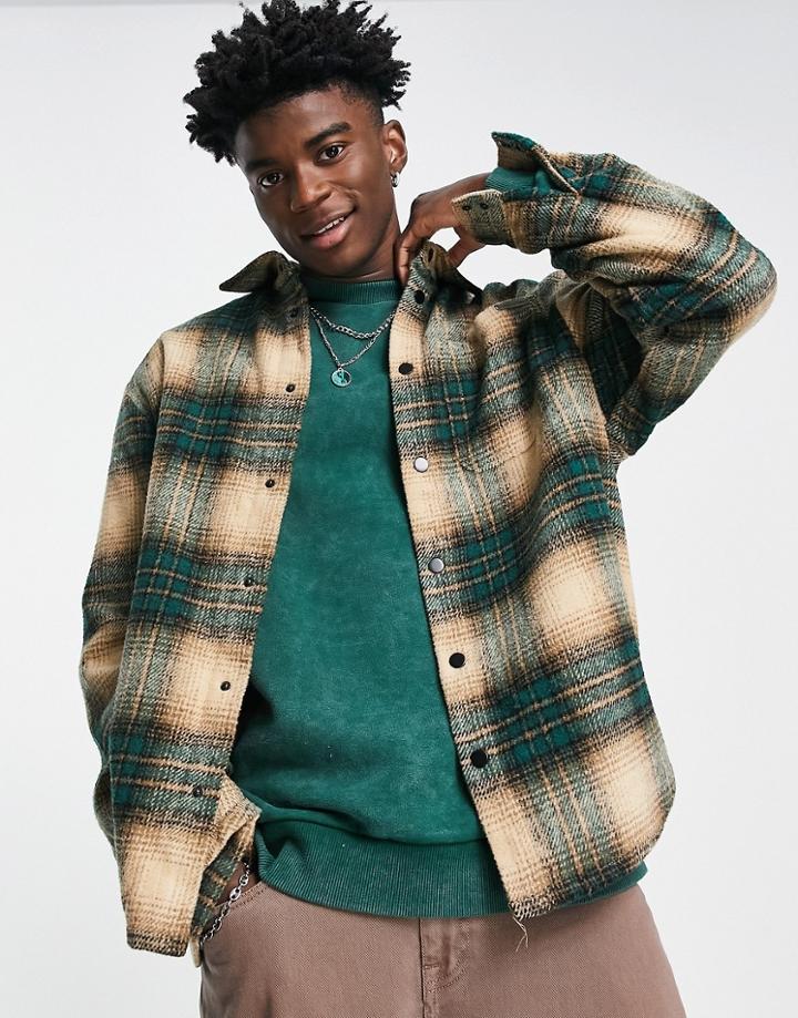 Liquor N Poker Oversized Shirt In Cream And Green Plaid-multi