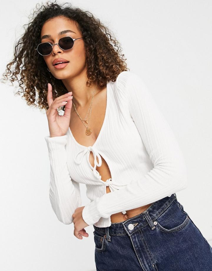 Asos Design Top In Rib With Tie Front And Short Sleeve-white