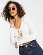 Asos Design Top In Rib With Tie Front And Short Sleeve-white