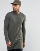 Asos Super Longline Long Sleeve T-shirt In Khaki - Green