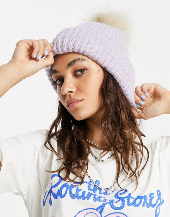Topshop Recycled Knitted Fur Pom Pom Beanie In Lilac-purple