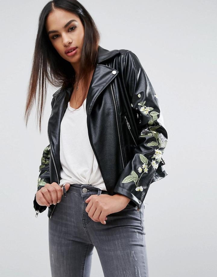Missguided Embroidered Floral Leather Look Biker Jacket - Black