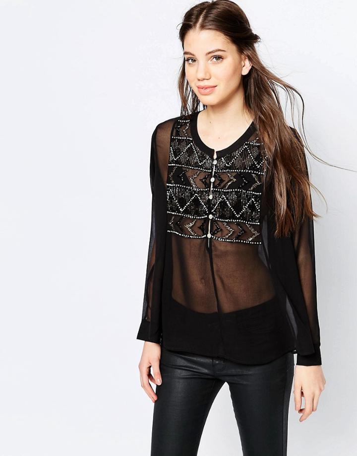 Hazel Embellished Panel Button Front Blouse - Black