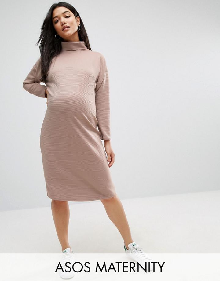 Asos Maternity Turtleneck Midi Rib Slouch Dress - Beige
