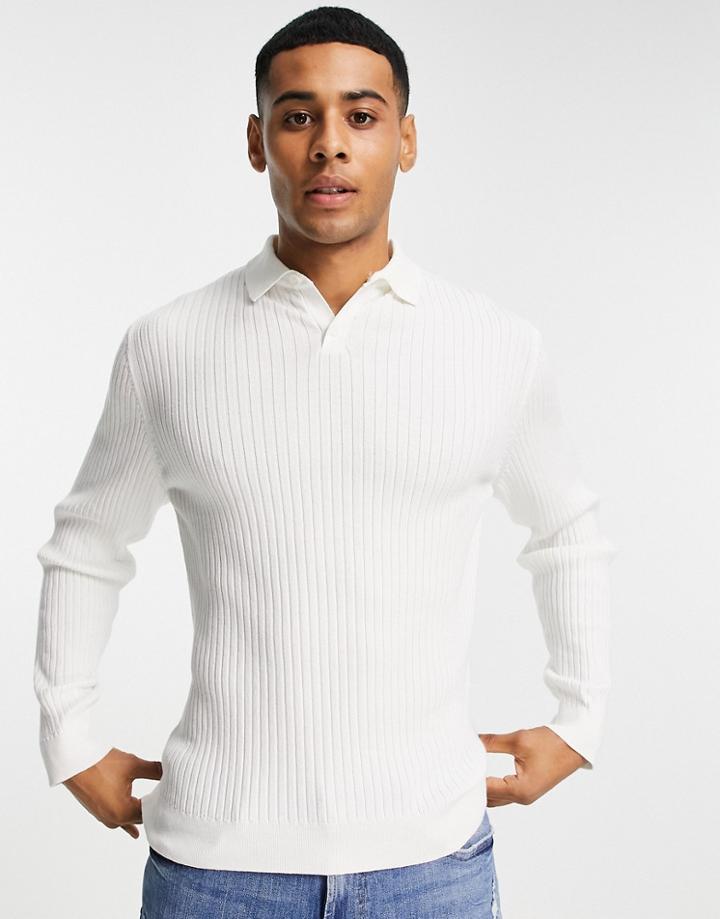 Topman Long Sleeve Ribbed Polo In Ecru-white