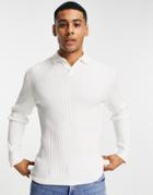 Topman Long Sleeve Ribbed Polo In Ecru-white