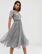 Asos Design T-shirt Midi Dress With 3d Scatter Embellished And Mesh Skirt - Gray