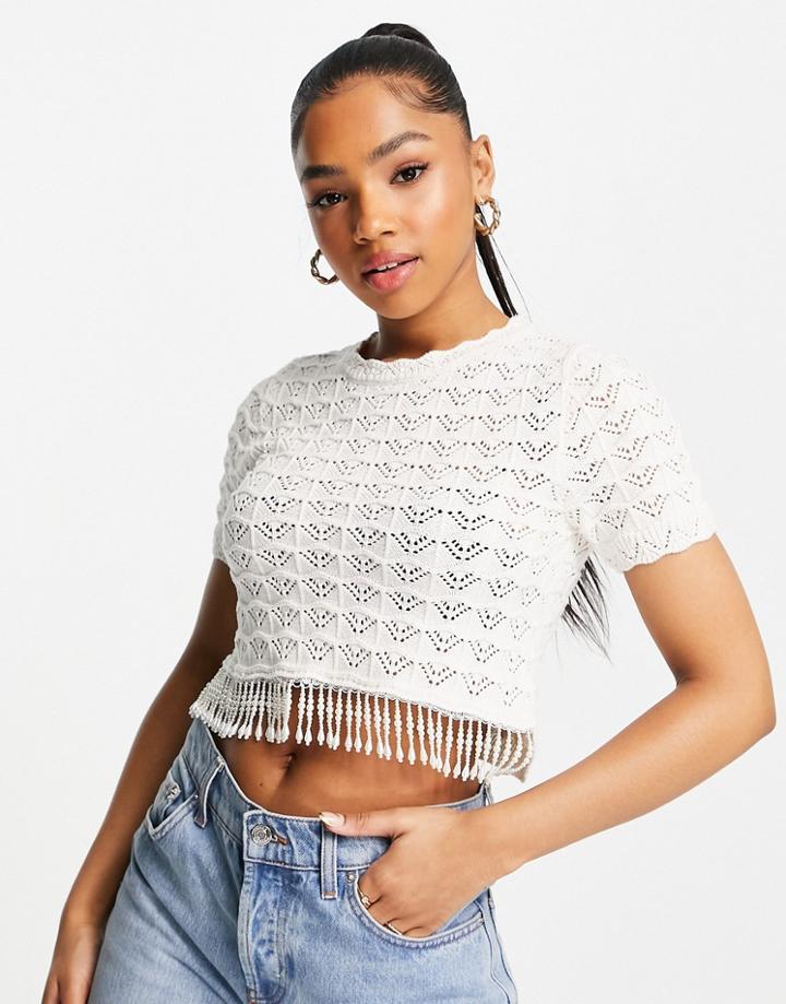 Miss Selfridge Faux Pearl Trim Pointelle Knit Short Sleeve Top In Ivory-white