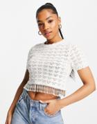 Miss Selfridge Faux Pearl Trim Pointelle Knit Short Sleeve Top In Ivory-white